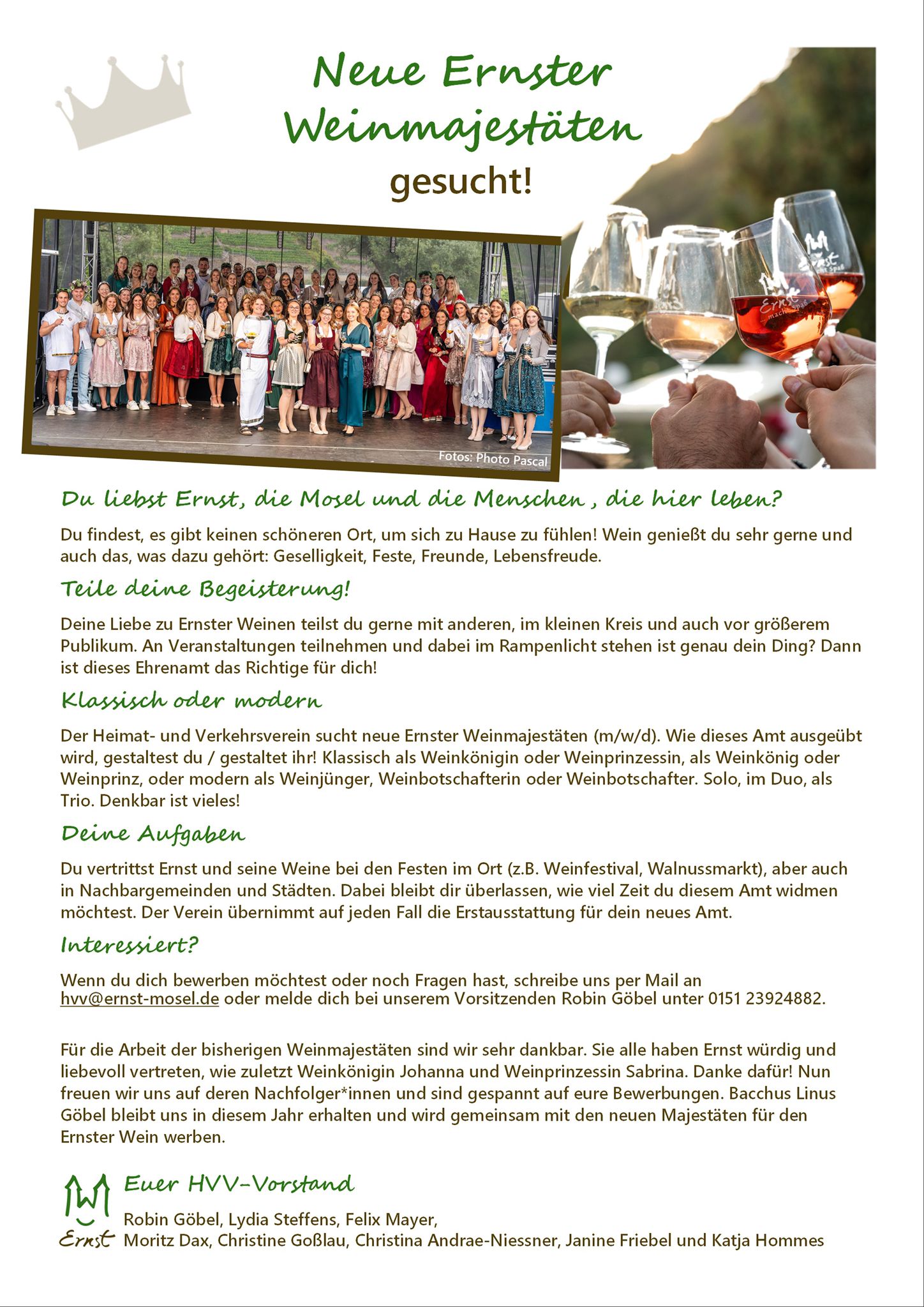 Neue Ernster Weinmajestäten gesucht!